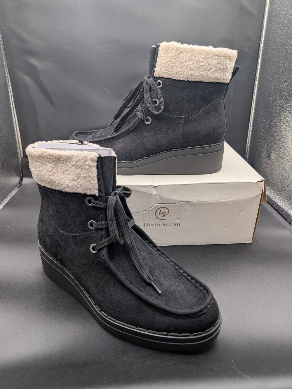 Life Stride Women's Black Suede Sherpa-Trim Wedge Boot
